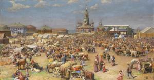 GOROKHOV Ivan Lavrentievich 1863-1934,The market in Mozhajsk,1916,Uppsala Auction SE 2009-12-01