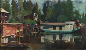 GOSLING Annabel 1942,Boats and wooden houses on the water,Bellmans Fine Art Auctioneers 2021-11-16