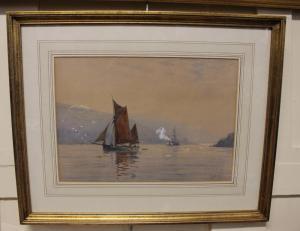 GOULD GREEN David 1854-1917,sailing barge and ship in river estuary,Henry Adams GB 2021-12-09