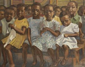GOURLEY DOROTHY,Tomorrow's Africa", a study of children sitting on benches,Duke & Son GB 2016-04-14