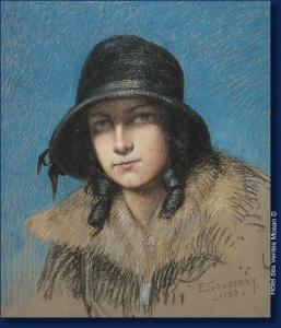 GOUSSERY Émile 1867-1941,Portrait de femme au chapeau,1923,Hotel Des Ventes Mosan BE 2008-06-11