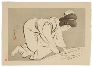 GOYO Oban,A black and white scene of a kneeling woman laying out cloth.,Eldred's US 2009-08-25