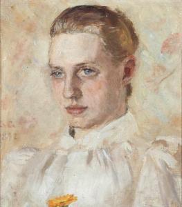 GRÜNER Gustava,Portrait of a young woman in a white dress holding,1892,Bruun Rasmussen 2021-11-29