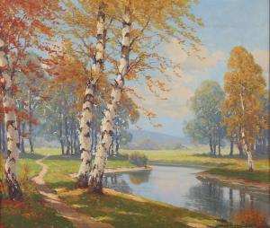 GRABWINKLER Paul 1880-1946,Silver birch by a pond in a wooded landscape,Ewbank Auctions 2023-03-23