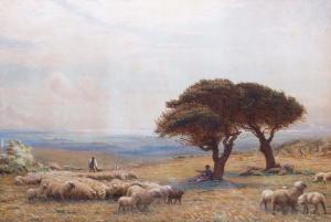 GRACE Alfred Fitzwalter 1844-1903,Extensive landscape with figures and sheep,Keys GB 2019-11-27