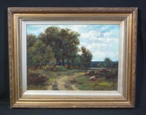 GRACE James Edward,cattle grazing in a wooded landscape with distant ,1887,Peter Francis 2020-03-04