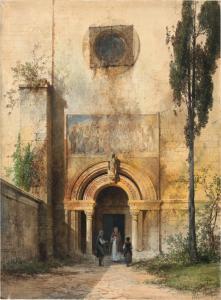 GRAEB Carl Georg Anton 1816-1884,Blick in den Innenhof einer Kirche in Italie,1869,Galerie Bassenge 2022-06-03