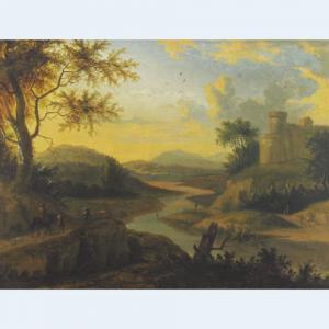 GRAFF Franz 1803-1859,TRAVELLERS AND THEIR DOGS IN AN EXTENSIVE RIVERLAN,Waddington's CA 2007-06-12