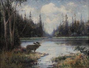 GRAFSTROM Olof Jonas 1855-1933,Landscape with Moose on Water's Edge,1922,Jackson's US 2020-12-01