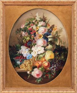 GRAUX AUGUSTE JEAN BAPTISTE,A rich still life with flowers and fruit,1871,Uppsala Auction 2022-06-15