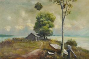GRAY Arlie 1900-1900,Seaside landscape with fishing shack and boat,Burchard US 2014-03-23