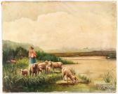 GRAY MARA,landscape with sheep and shepherdess,1890,Pook & Pook US 2023-02-10