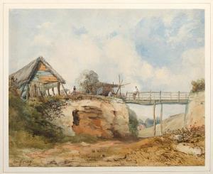GRAY William 1900-1900,Figures on a wooden bridge by a thatched barn,Bonhams GB 2010-11-17