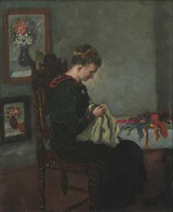 GREBESTEIN Ferdinand Karl,A seamstress seated in an interior,1917,Woolley & Wallis 2023-09-05