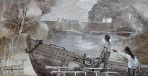 GREENWOOD Ernest 1913-2009,canal lock scene,Burstow and Hewett GB 2022-08-25