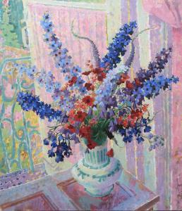 GREENWOOD Orlando,Still life with delphiniums in a vase by a window,Woolley & Wallis 2023-12-13
