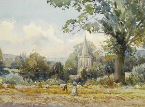 GREGORY Kenneth 1800-1800,in the harvest field with church beyond,1907,Bonhams GB 2005-03-09