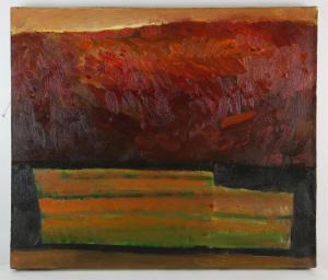 Greig Neal 1965,abstract landscape with haybales,Ewbank Auctions GB 2023-07-20