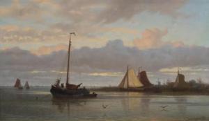 GREIVE Snr. Johan Conrad 1837-1891,Sailing on a calm river at sunset,Venduehuis NL 2022-11-17