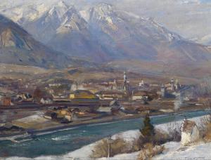 GRETSCHEL Max 1833-1955,Evening Sunlight - Hall, Tyrol, Winter,1933,Palais Dorotheum AT 2013-09-17