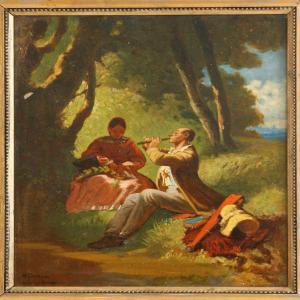 GREVEN H,A scene with a flutenist and a woman,Bruun Rasmussen DK 2010-09-20