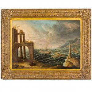GREVENBROECK Orazio,Veduta costiera con rovine, faro e vascelli,Wannenes Art Auctions 2024-02-06