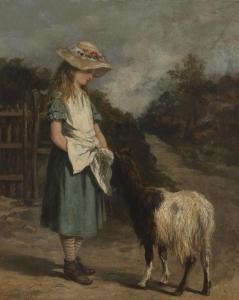 GREY Gregor 1870-1911,Young Girl wearing a Straw Hat feeding a Goat,1887,Tooveys Auction 2019-12-04