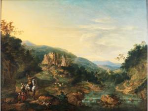 GRIFFIER Jan I 1645-1718,FLUSSLANDSCHAFT MIT GROSSER BURGRUINE UND FIGUREN,1645,Hampel DE 2023-06-29