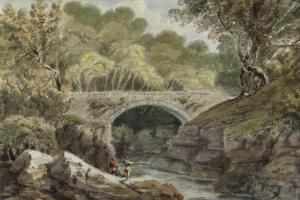 GRIFFITH Moses 1749-1819,river scene with bridge and fishermen,Rogers Jones & Co GB 2021-04-17
