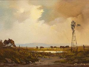 GROBLER Andre,Landscape with Windmill & Cattle,5th Avenue Auctioneers ZA 2017-12-03