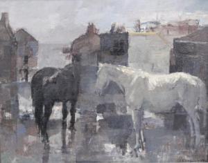 GROENESTEIN Jan 1919-1971,Paarden staand in het overstroomde dorp,1956,Venduehuis NL 2021-02-28