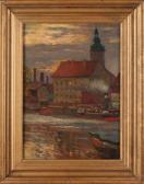 GROHMANN Reinhold,Harbor view with Baroque church and steam boat,Twents Veilinghuis 2017-10-13