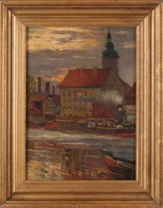 GROHMANN Reinhold 1877-1915,Havengezicht met Barokkerk en stoomboot,Twents Veilinghuis NL 2017-07-14