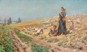 GRONVOLD Marcus,A young woman and a child tending to a flock of ge,1911,Bruun Rasmussen 2020-12-07