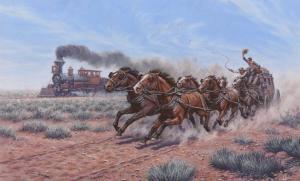 GROVES John Michael 1937-2019,A Coach and Six racing against a train,2001,Halls GB 2024-09-18