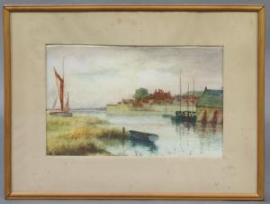 GROVES Monica,study of a moored Thames barge with bridge in distance,Denhams GB 2022-07-13