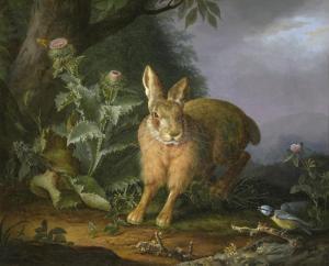 GRUBER Carl 1803-1845,Hare in a wooded landscape with a bluetit on a bra,Galerie Koller 2023-03-31