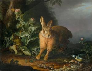 GRUBER Carl 1803-1845,Hase mit Disteln und Blaumeise,1841,Villa Grisebach DE 2020-12-02