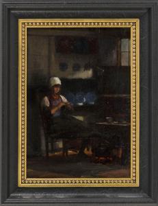 GRUNDMANN Emil Otto 1844-1890,Girl darning by the fire,Eldred's US 2016-10-29