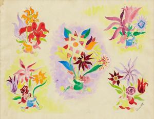 GRUNEWALD Isaac 1889-1946,Illustration med tomtar och blomsterbuketter,Uppsala Auction SE 2023-11-09