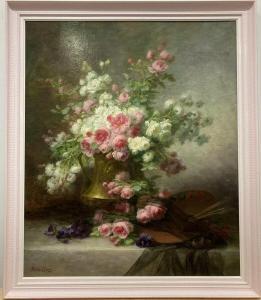 GUÉRIN Thérèse 1861-1933,Nature morte au bouquet de fleurs et à la palette,Conan-Auclair 2024-02-07