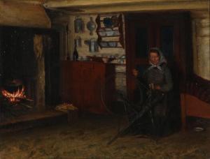 GUDMUNDSEN HOLMGREEN Johan,Interior with a woman by a spinning wheel,1888,Bruun Rasmussen 2022-05-02