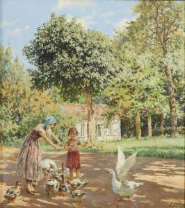 GUELDRY Ferdinand Joseph 1858-1945,Femme et jeune fille nourrissant les canard,c.1930,Mercier & Cie 2022-02-13