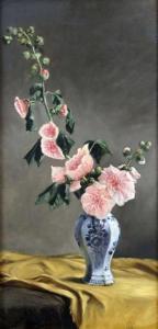GUERIN 1800-1800,Bouquet de roses trémières dans un vase de Delft,1877,Deburaux & Associ 2014-12-14