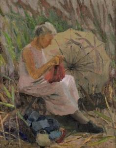 GUGY Charles Leopold,Strickende ältere Frau mit Sonnenschirm im Garten.,Dobiaschofsky 2002-05-01