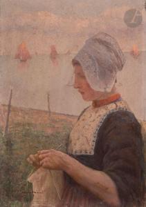 GUINIER Henri 1867-1927,Bretonne tricotant devant la mer,Ader FR 2023-10-27