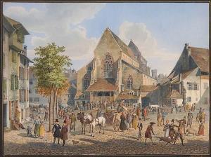 GUISE Konstantin 1811-1858,Barfüsserplatz in Basel mit Barfüsserkirche und re,Fischer CH 2014-11-26
