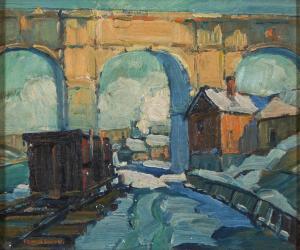 GUNN Edwin H 1876-1940,A Trainyard and Arched Bridge in the Snow,Skinner US 2024-03-06