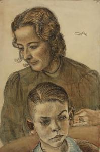 GUNTHER Kurt 1893-1955,Mutter mit ihrem Kind zufrieden blickende junge Fr,1939,Mehlis DE 2021-08-26