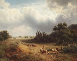 HÖFER Heinrich,A wooded landscape with a shepherdess and her catt,1862,Christie's 2011-12-13